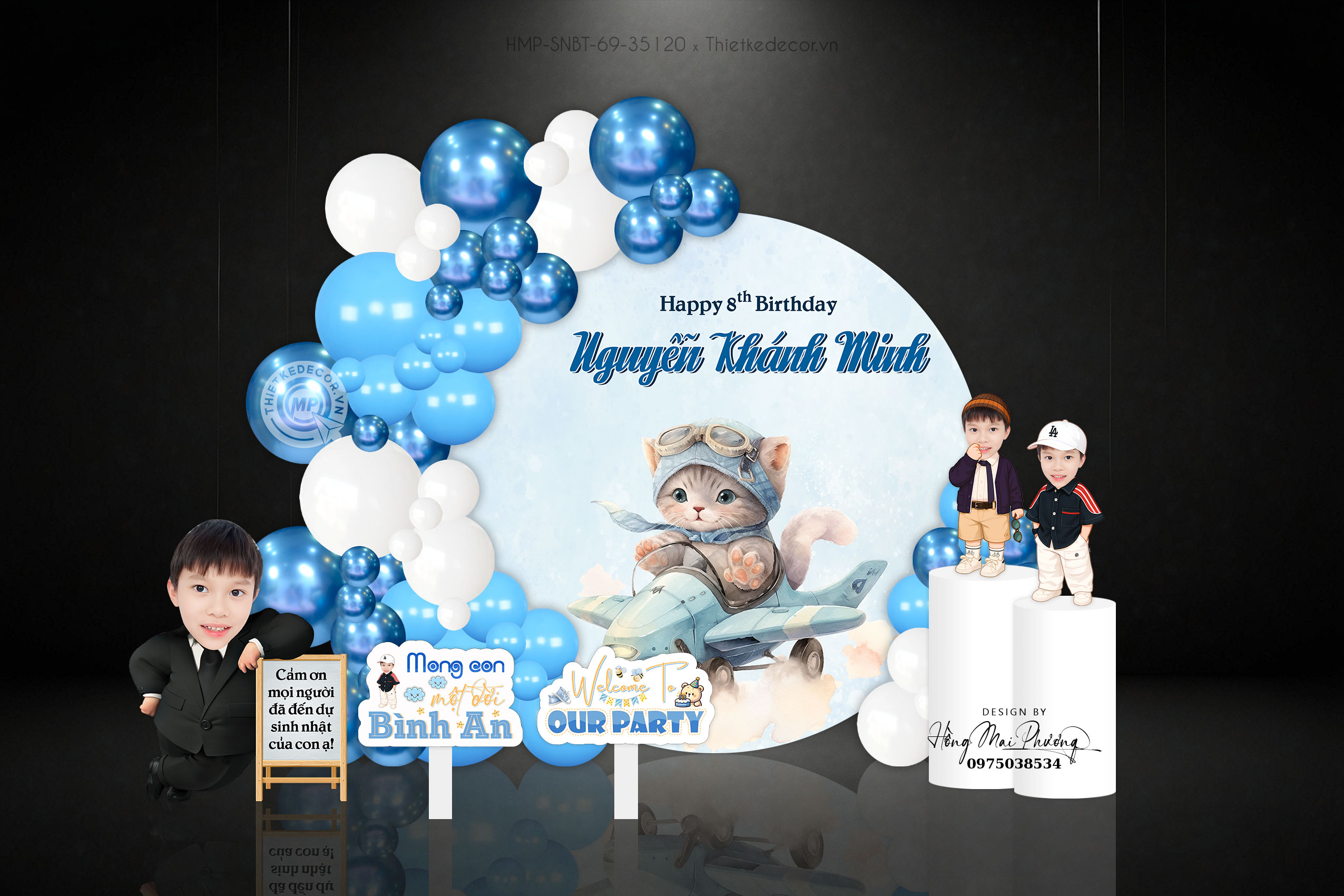 Sinh nhật bé trai tone xanh, mèo lái may bay